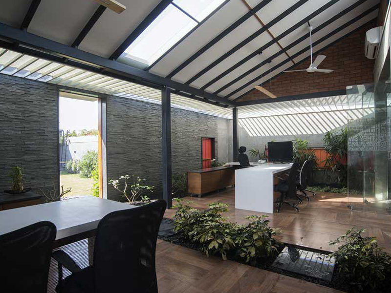 The AA&E studio &mdash; a work bay looking onto the planting